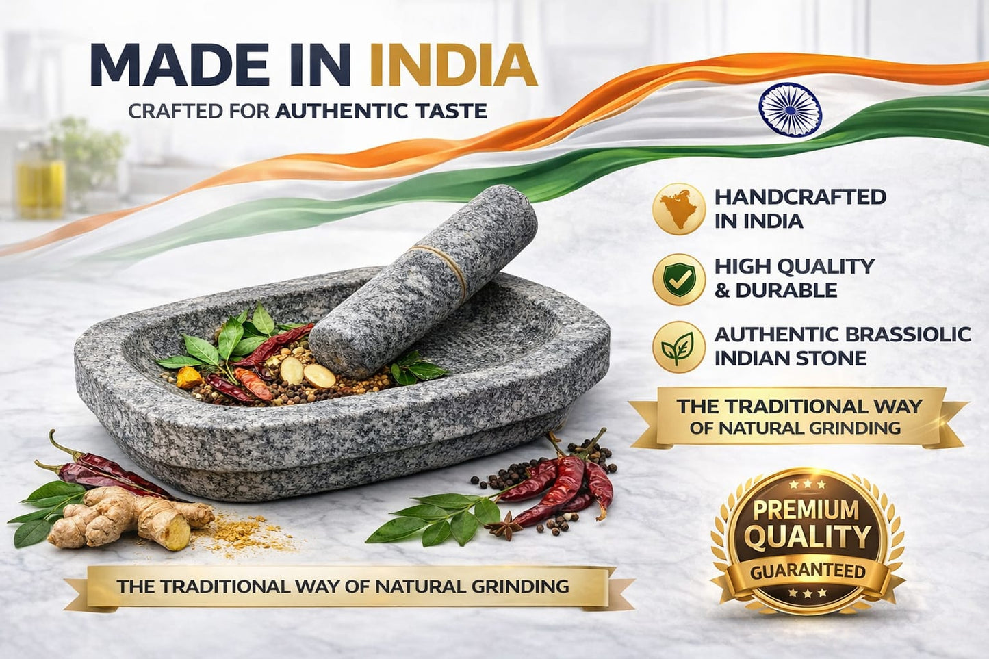 Premium Stone Mortar and Pestle for Kitchen