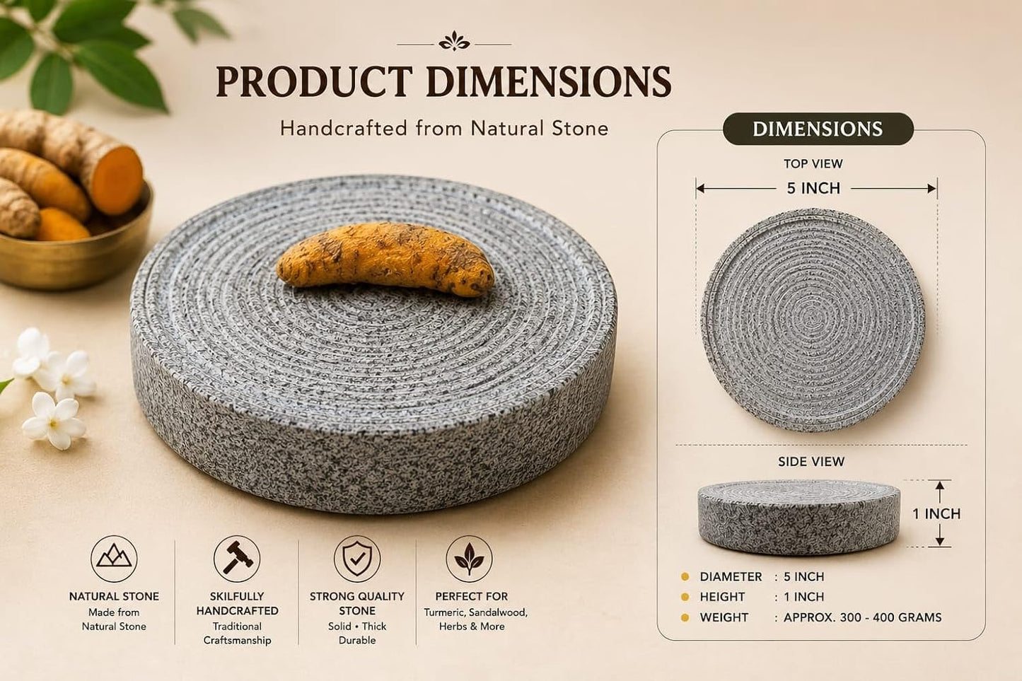 UTHUKULI Real Grinding Stone & Rubbing Stone for Chandan, Turmeric, Haldi, Sandalwood & Almond | Chandan Rubbing Stone for Baby | Silbatta Stone | Round Shape 5 Inch Grinder for Kitchen
