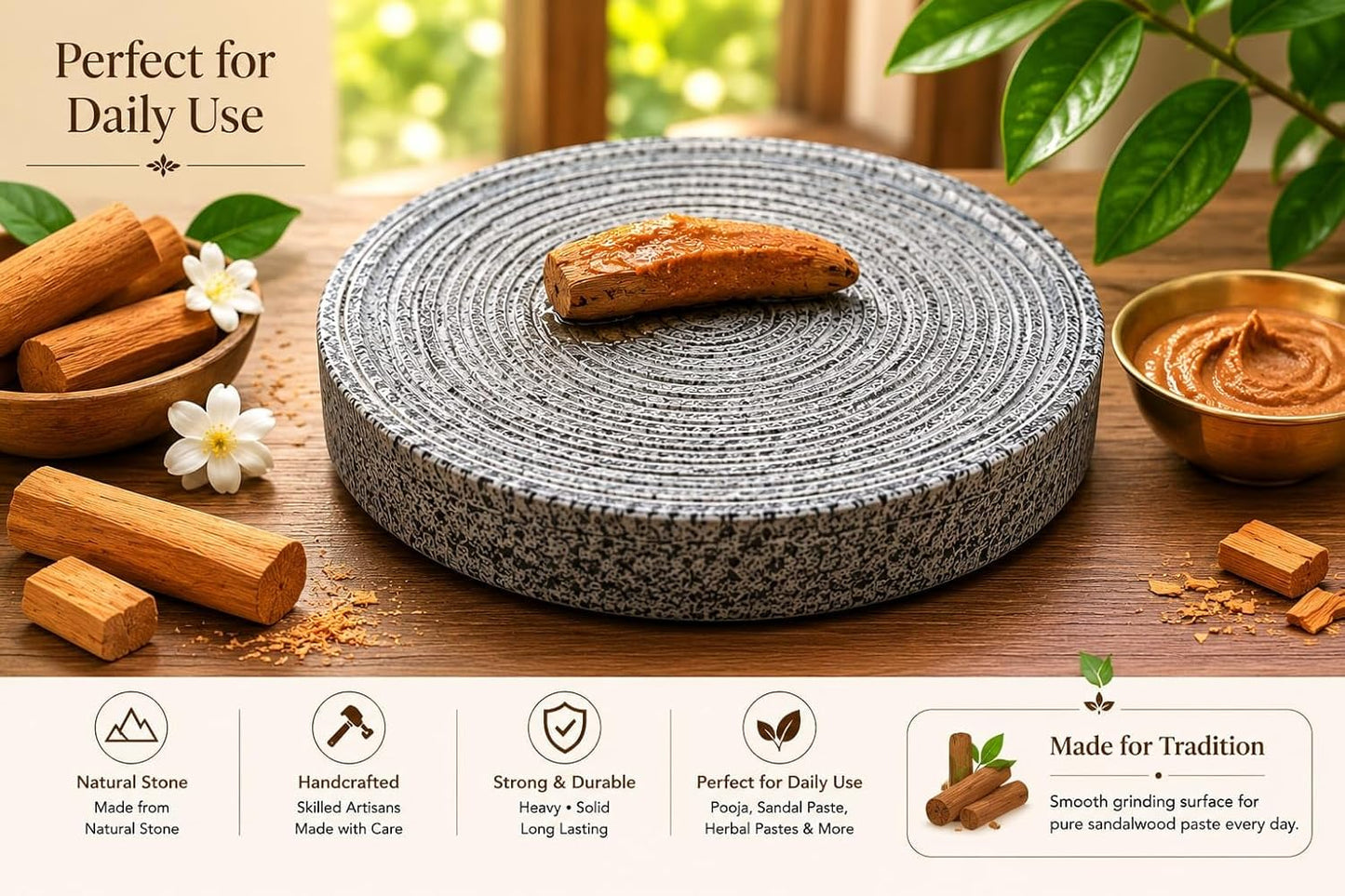 UTHUKULI Real Grinding Stone & Rubbing Stone for Chandan, Turmeric, Haldi, Sandalwood & Almond | Chandan Rubbing Stone for Baby | Silbatta Stone | Round Shape 5 Inch Grinder for Kitchen