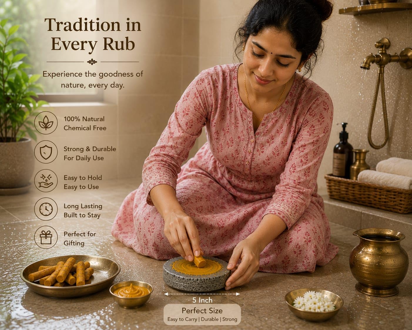 UTHUKULI Real Grinding Stone & Rubbing Stone for Chandan, Turmeric, Haldi, Sandalwood & Almond | Chandan Rubbing Stone for Baby | Silbatta Stone | Round Shape 5 Inch Grinder for Kitchen